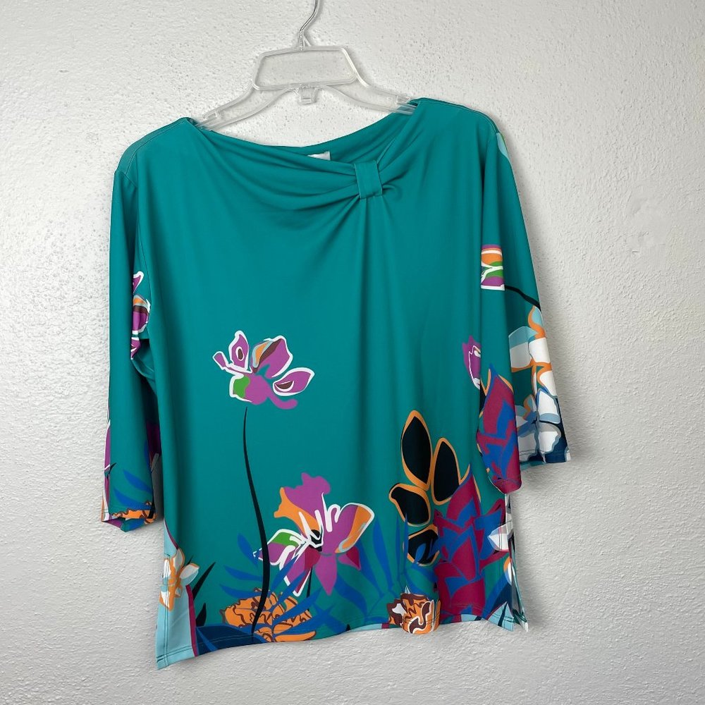 DAVID David Meister 3/4 Sleeve Fluid Jersey Knot-Neck Top in Jade Combo